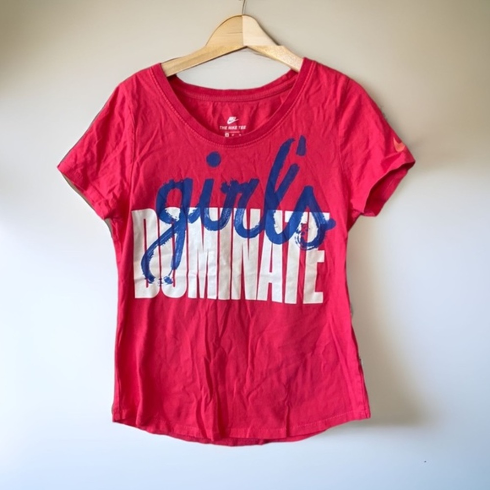 Nike Girls Dominate Graphic Tee Pink Blue Swoosh Athletic Cut M